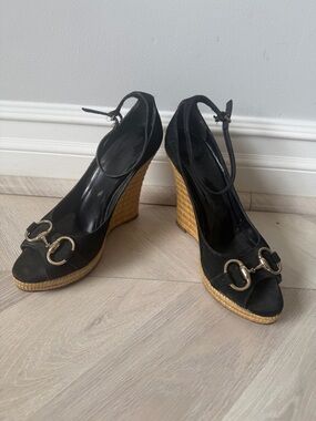 Gucci Black Suede Wedge Espadrille Sandals with Gold Hardware